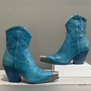 Free People Brayden Teal Leather Western Cowboy Boots with Metallic Toe SZ 38